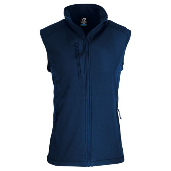 Navy Jorah Men's Light Water Repellent Softshell Vest, a lightweight and wind-resistant sleeveless layer ideal for corporate uniform or outdoor activities.