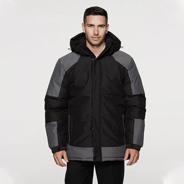 Black and charcoal grey padded waterproof jacket with contrast panelling and hood