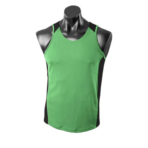 Kelly green sleeveless singlet with black side panels and contrast binding on a mannequin