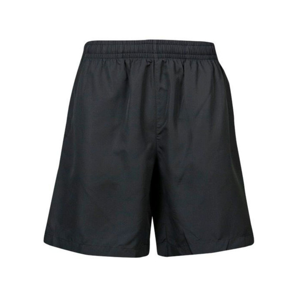 Black Plain BRANDON men's sports shorts made from smooth, silk-like polyester pongee fabric, featuring side pockets and a back zip pocket, ideal for active wear and team uniforms.