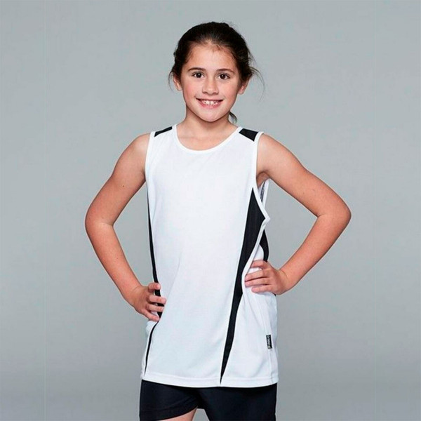 Girl wearing white and black sleeveless sport singlet with contrast curved side panels
