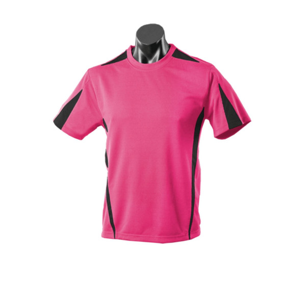 Hot pink mini-waffle sports tee with black contrast side panels and sleeve trim