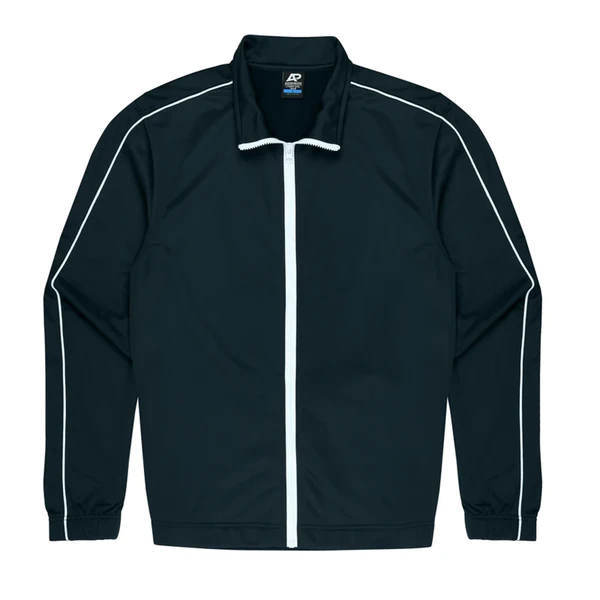 Navy kids sports jacket with white contrast piping along sleeves and full white center zip