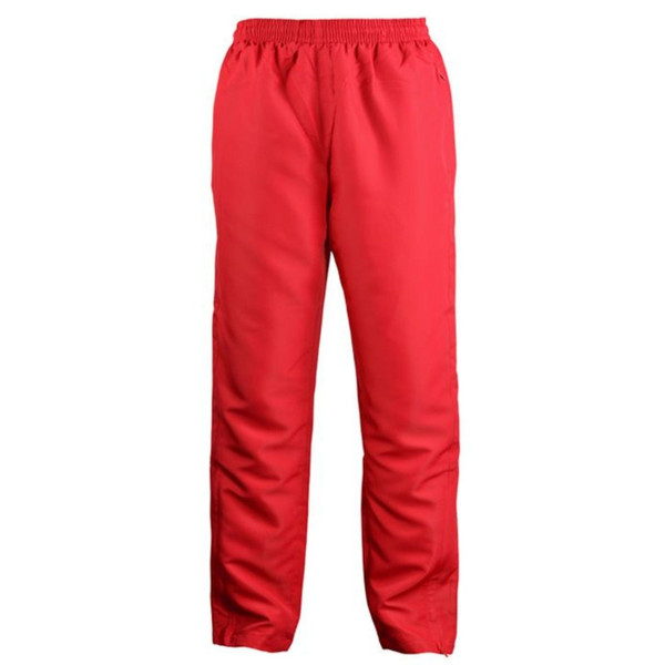 Bright red ripstop track pants with elastic waistband and relaxed straight leg fit