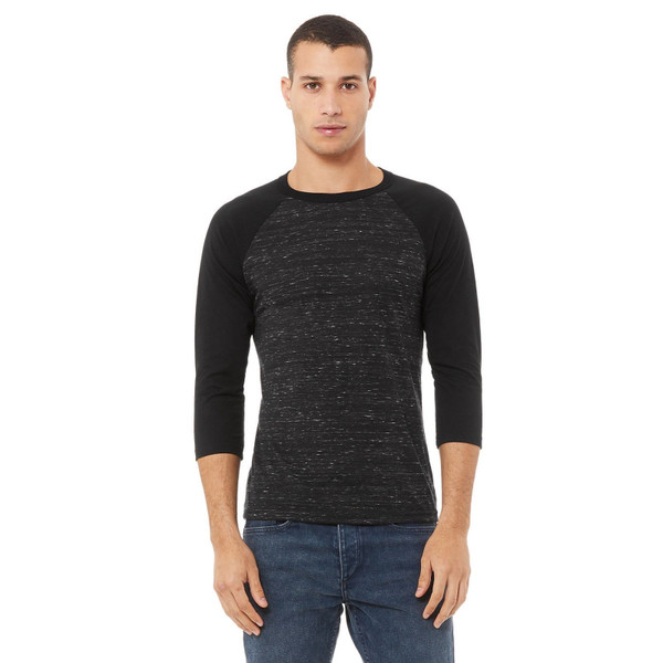 Black marble three-quarter sleeve raglan tee with solid black contrast sleeves and crew neckline