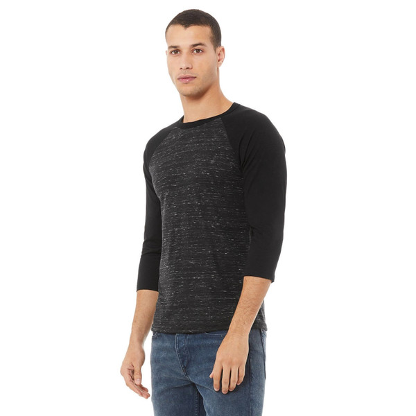 Male model wearing charcoal marble-texture raglan tee with solid black three-quarter sleeves and crew neck