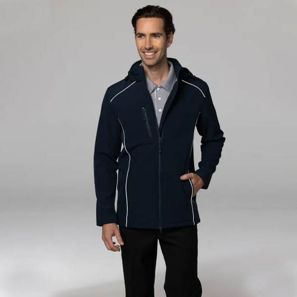 Man wearing navy softshell hooded jacket with white contrast piping, full-length zip and chest zip pocket