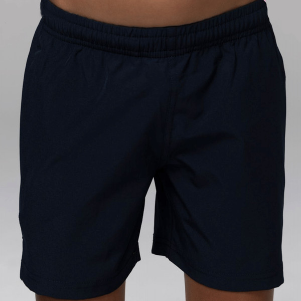 Navy athletic shorts with elastic waistband and relaxed fit suitable for decoration