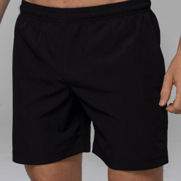 Black lightweight athletic shorts with elasticated waistband and side zip pocket detail