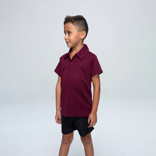 Maroon polo shirt with collar and short sleeves worn by child on neutral background