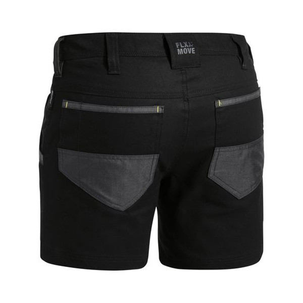 Black stretch canvas work shorts with charcoal grey contrast pocket details and trim