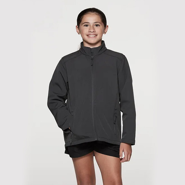 Charcoal grey kids softshell jacket with full zip front and stand collar on white background