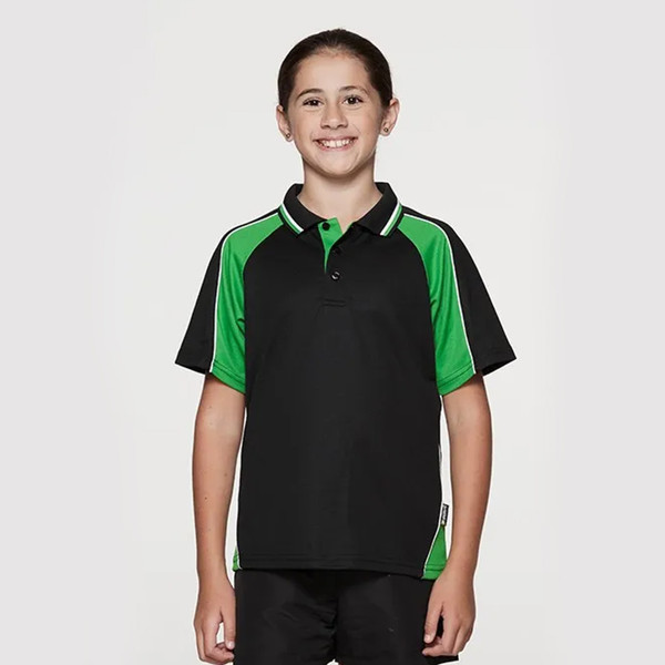 Child wearing black and Kelly green raglan polo shirt with white tipping on collar and contrast side panels