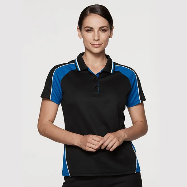 Black polo shirt with royal blue side panels and white contrast piping on shoulders and sides