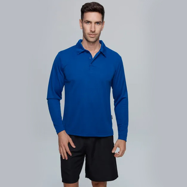 Basset Mens long sleeve polo shirt featuring DriWear technology and easy care, ideal for workwear or corporate uniforms.