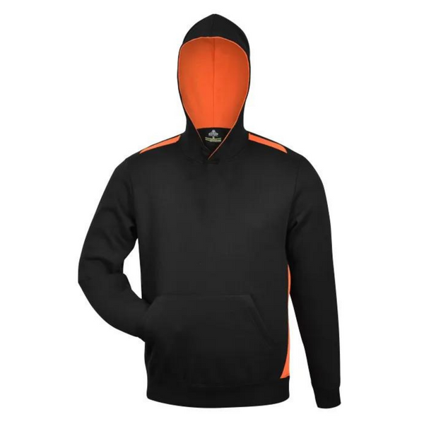 Black+Orange Paterson Kids Contrast Fleecy Hoodie, a warm pullover hooded sweatshirt with contrast colored lining, ideal for school uniforms or cold weather casual wear.