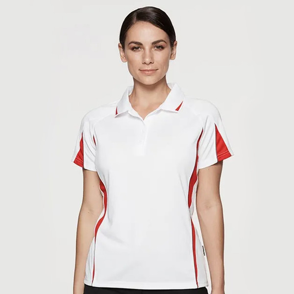 White ladies sports polo with red side panels and contrast piping in mini-waffle fabric