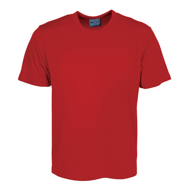 Red quick dry micromesh tee with crew neck and short sleeves, smooth finish ideal for decoration