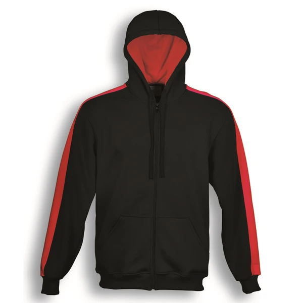 Black zip-up hoodie with red contrast panels on sleeves and hood lining