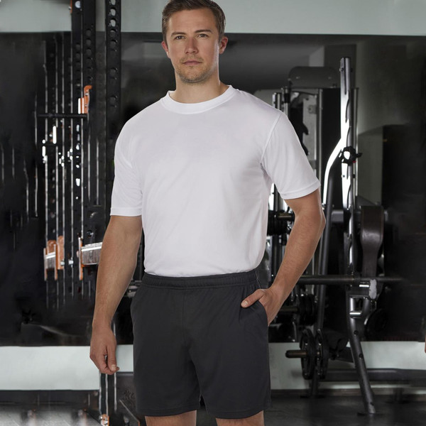 Charcoal grey bamboo shorts with side pockets and white crew neck tee, athletic fit with clean lines