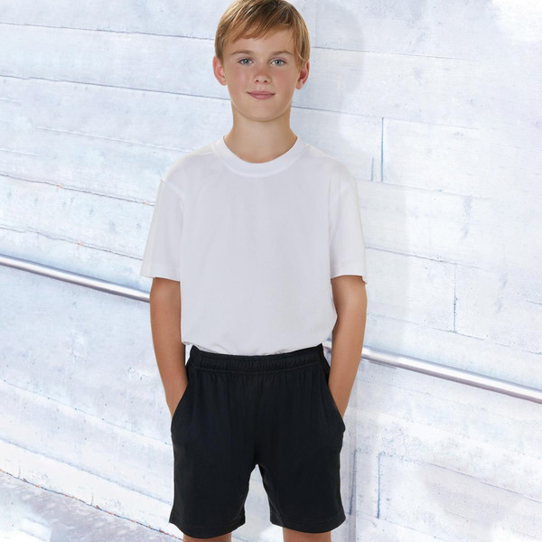 Black bamboo charcoal kids shorts with elasticated waist and side pockets paired with white tee