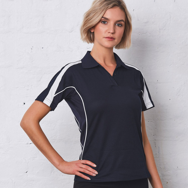 Navy sports polo with white contrast panels on shoulders and curved side panels