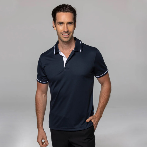 Navy polo with white collar and sleeve trim featuring contrast piping detail and button placket