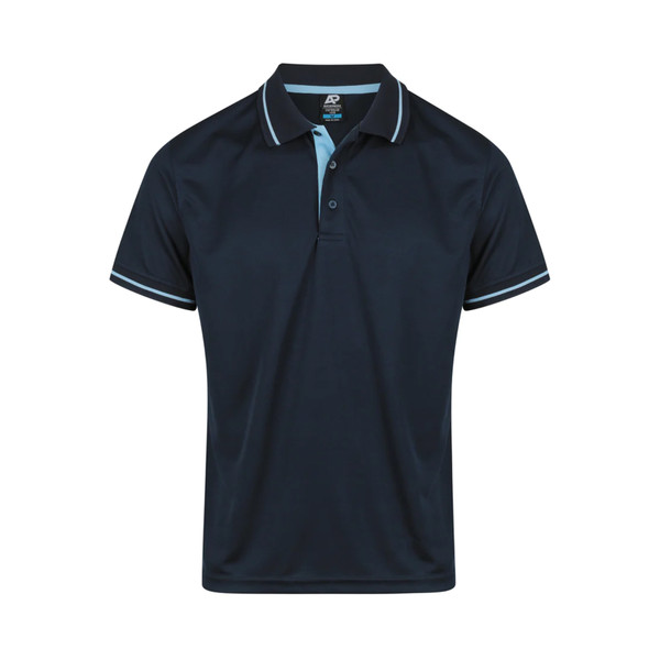 Navy polo shirt with sky blue contrast collar and placket trim, white tipping on collar and sleeves