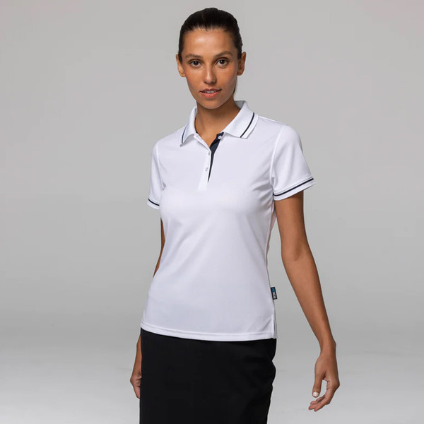 White mesh knit polo shirt with black contrast tipping on collar and sleeves, short sleeves