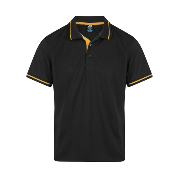 Black mesh knit polo shirt with gold contrast tipping on collar and sleeves