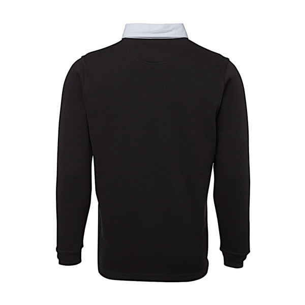 Black rugby shirt with contrast white collar viewed from back showing long sleeves and ribbed cuffs