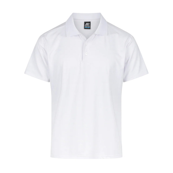 White short sleeve polo shirt with three-button placket and flat knit collar ideal for decoration