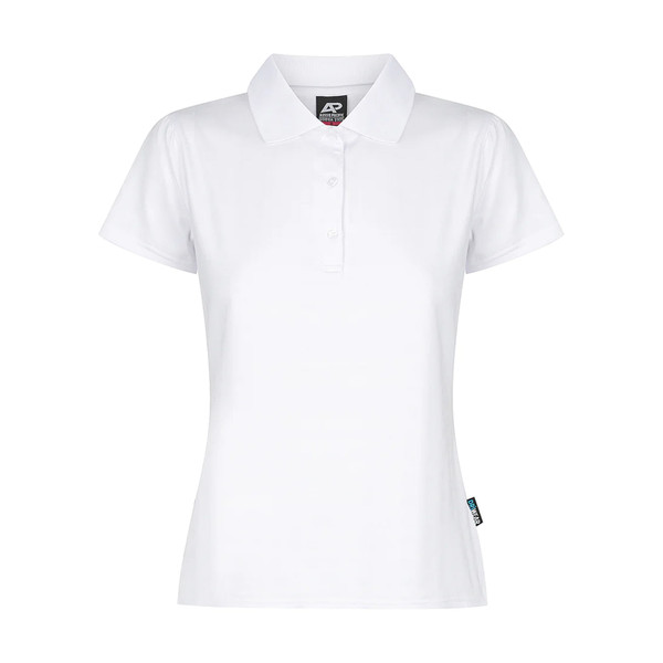White ladies polo shirt with short sleeves, collar, and button placket in eco-friendly recycled polyester