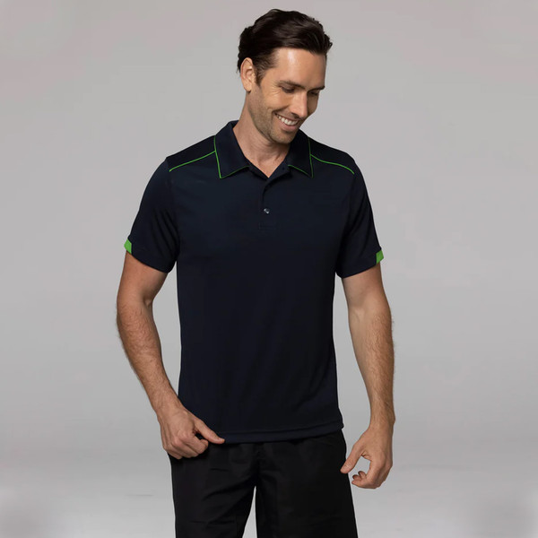 Navy blue polo shirt with lime green piping trim on shoulders and sleeves, featuring mini waffle knit texture
