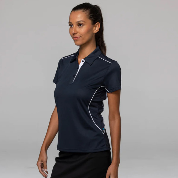 Women's navy mesh knit polo with white piping trim along placket, shoulders and side panels