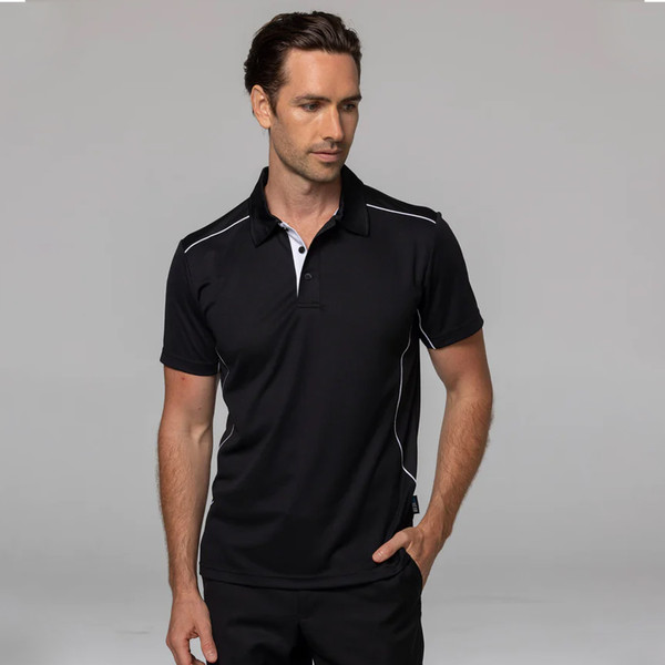 Black polo shirt with white contrast piping along shoulders and sides, mesh knit fabric with collar