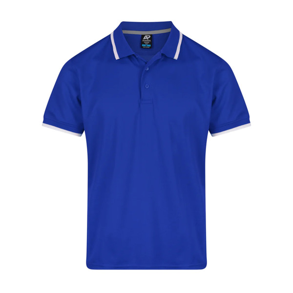 Royal blue polo shirt with white contrast tipping on collar and sleeves