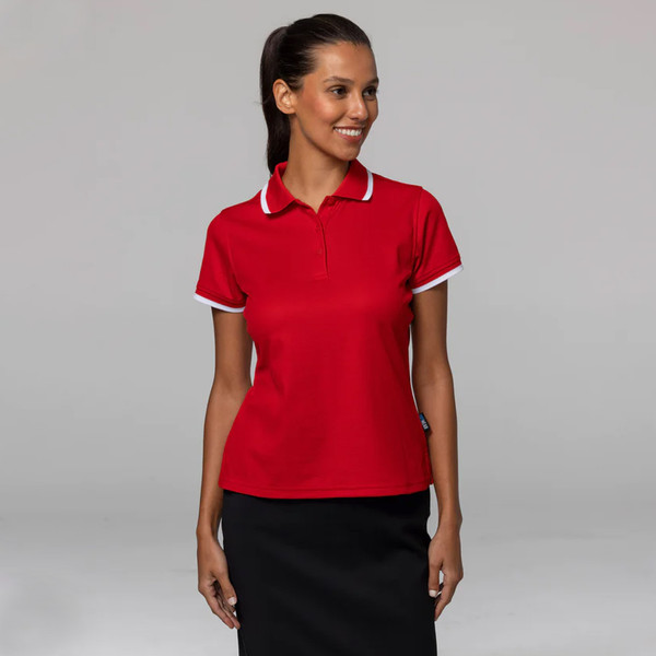 Red ladies polo shirt with white contrast trim on collar and sleeves