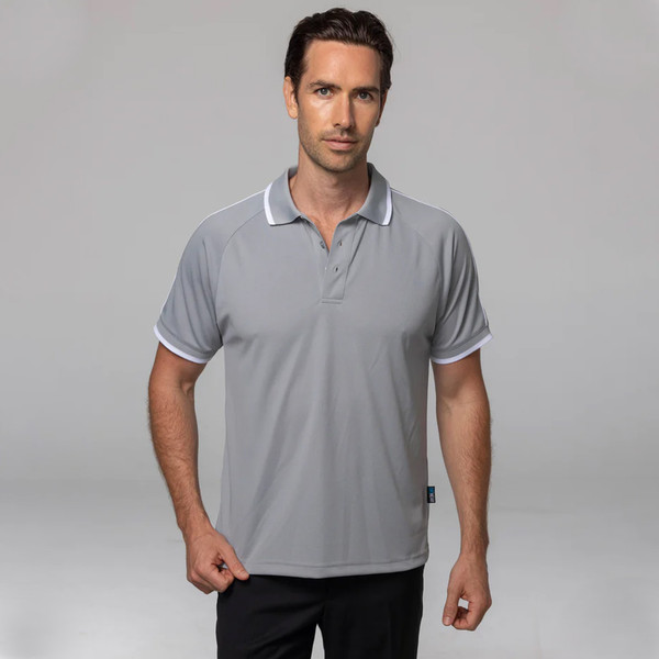 Grey polo shirt with white contrast tipping on collar and sleeves, raglan construction with antibacterial fabric