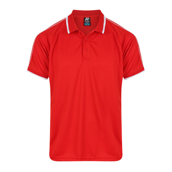 Red+White Double Bay Men's Contrast Dri Wear Antibacterial Raglan Polo, a quick-dry, moisture-wicking top with odor control, ideal for active sportswear or team uniforms.