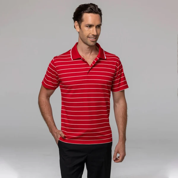 Red polo shirt with white horizontal stripes and contrasting collar, short sleeves