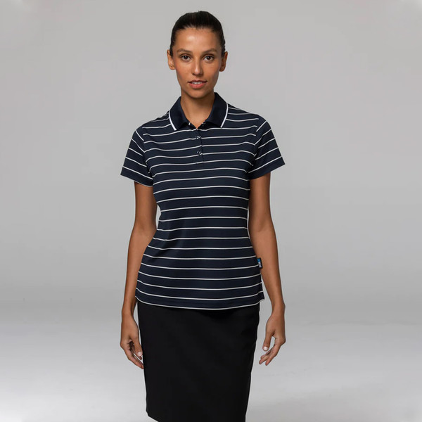 Navy polo shirt with white horizontal stripes and contrast collar worn by woman with black skirt