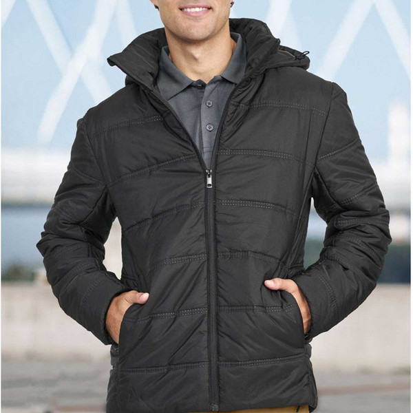 Man wearing black quilted puffer jacket with attached hood, front zip closure and hand pockets