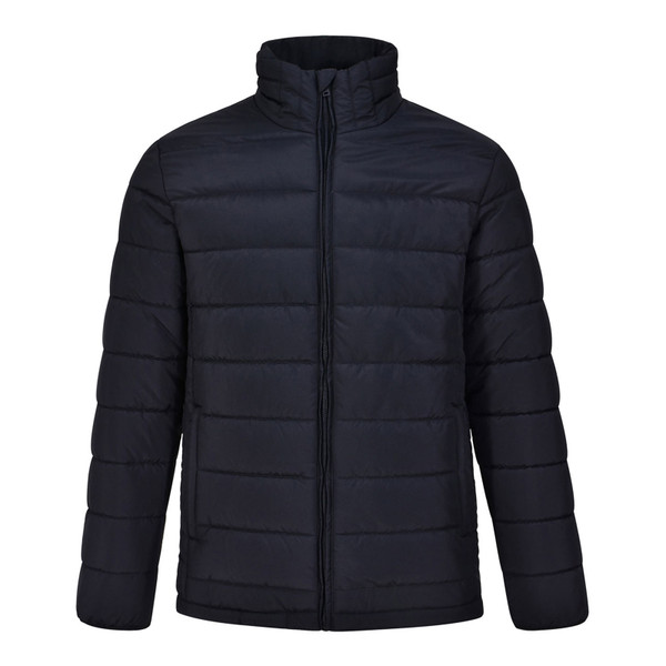 Navy blue quilted puffer jacket with full front zip and stand collar on white background