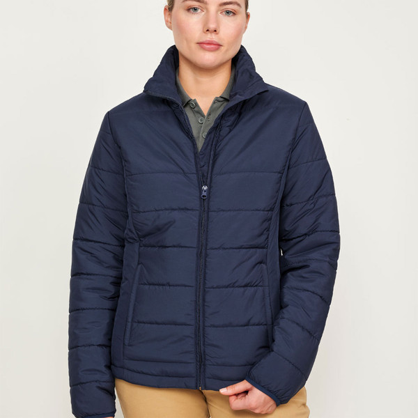 Navy quilted puffer jacket with front zip closure and stand collar on model