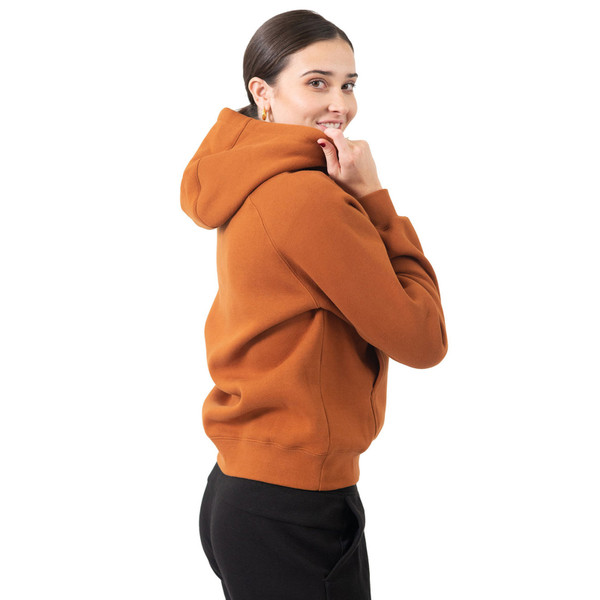 Burnt orange cotton-rich kangaroo pocket hoodie with ribbed cuffs and hem shown from side angle