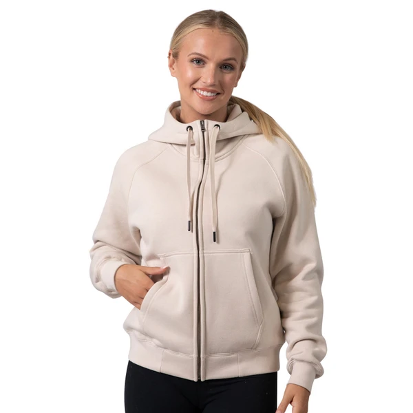 Cream zip-up hoodie with kangaroo pocket and contrast brown drawcords worn by smiling woman