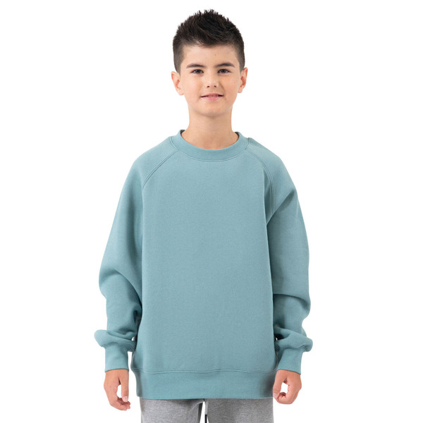 Youth in sage blue cotton-rich crew neck sweatshirt with raglan sleeves and ribbed cuffs