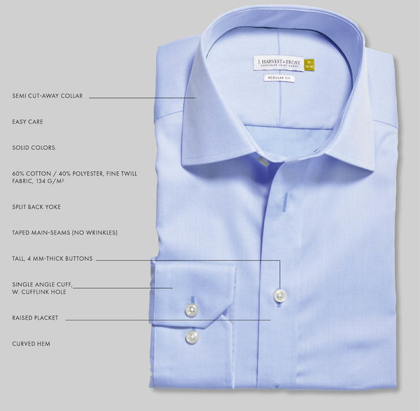 Light blue wrinkle-resistant dress shirt with semi-cutaway collar and single-angle cuffs with white buttons