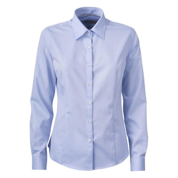 Sky blue women's long sleeve business shirt with classic collar and button-front placket